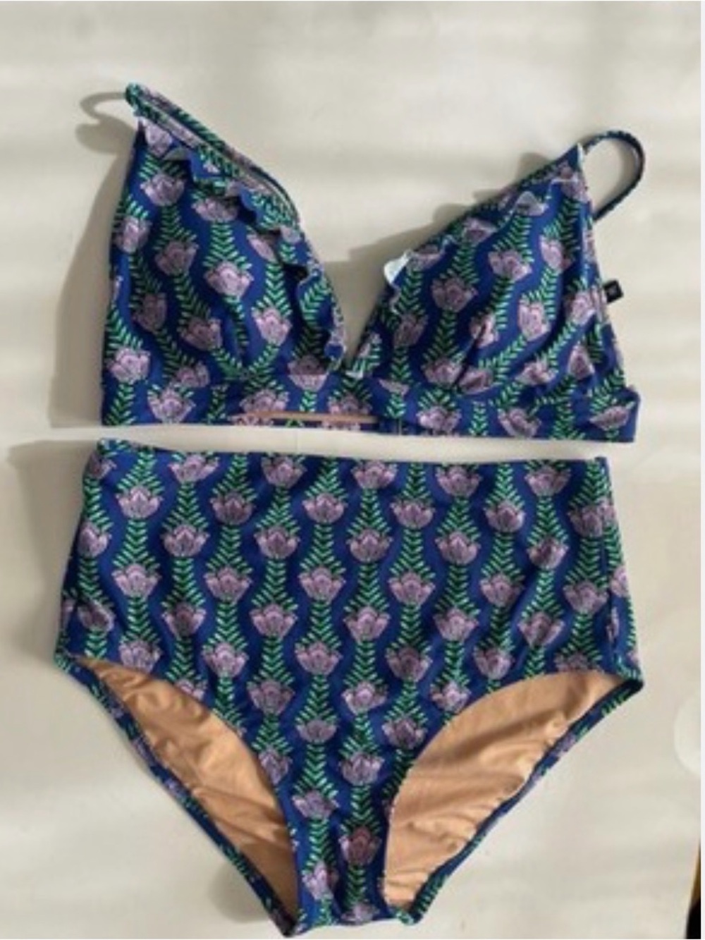 J.Crew Floral Bikini L Blue Purple Block Print High Waisted 2 Pc Swim